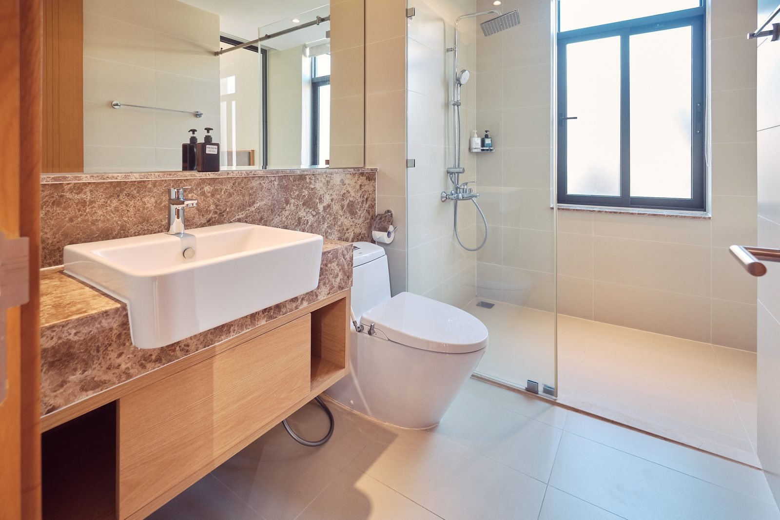 Bathroom vanity and shower